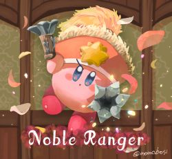 Rule 34 | 1other, aiming, aiming at viewer, artist name, blue eyes, blush stickers, colored skin, copy ability, dual wielding, english text, facing viewer, feathers, fur-trimmed headwear, fur trim, gun, hat, holding, jumping, kirby, kirby (series), kirby and the forgotten land, momobosi, nintendo, no humans, orange hat, parted lips, pink skin, pirate hat, solo, star, star (symbol), uneven eyes, weapon, wooden wall