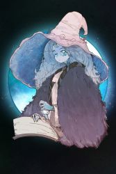 Rule 34 | 1girl, blue eyes, blue hair, blue skin, cloak, coat, colored skin, elden ring, extra arms, fur cloak, fur coat, hat, highres, lin hai, long hair, looking at viewer, moon, night, night sky, one eye closed, ranni the witch, robe, sky, solo, wavy hair, white robe, witch, witch hat