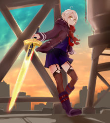 Rule 34 | 1girl, ahoge, artoria pendragon (all), artoria pendragon (fate), bad id, bad pixiv id, black-framed eyewear, black coat, blonde hair, blue shirt, blue skirt, boots, brown thighhighs, building, chestnut mouth, cloud, cloudy sky, coat, drawstring, duffel coat, excalibur (fate/stay night), fate/grand order, fate (series), fringe trim, full body, garter straps, glasses, glowing, glowing sword, glowing weapon, hair bun, holding, holding sword, holding weapon, hood, hood down, hooded coat, knee boots, long sleeves, looking at viewer, mysterious heroine x alter (fate), mysterious heroine x alter (first ascension) (fate), neckerchief, open clothes, open coat, open mouth, parted lips, plaid, plaid scarf, pleated skirt, pocket, purple footwear, red neckerchief, red scarf, saber (fate), scarf, school uniform, semi-rimless eyewear, serafuku, shirt, short hair, sidelocks, single hair bun, skirt, sky, solo, standing, standing on one leg, sword, thighhighs, under-rim eyewear, unsheathed, weapon, winter clothes, winter coat, yamaioni (sasakama), yellow eyes, zettai ryouiki