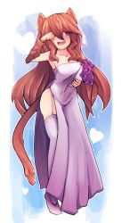 Rule 34 | 1girl, :d, animal ears, borrowed character, bouquet, breasts, bridal veil, bride, brown fur, brown hair, collarbone, commentary, dormouse (monster girl encyclopedia), dress, english commentary, flower, full body, fur, garter straps, hair between eyes, heart, holding, holding bouquet, long hair, looking at viewer, monster girl encyclopedia, mouse ears, mouse girl, mouse tail, nanostar, open mouth, original, outline, purple eyes, rubbing eyes, side slit, small breasts, smile, solo, strapless, strapless dress, tail, thighhighs, veil, vellu (geenymous), wedding dress, white dress, white garter straps, white outline, white thighhighs