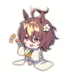 Rule 34 | 1girl, agnes tachyon (umamusume), ahoge, animal ears, bento, botantouki, brown hair, carrot, chibi, coat, flower, food, food on face, fork, full body, hair flower, hair ornament, holding, holding fork, horse ears, lab coat, motion lines, notice lines, open mouth, oversized clothes, red eyes, rice, sailor collar, simple background, skirt, sleeves past fingers, sleeves past wrists, smile, solo, umamusume, white background, white coat