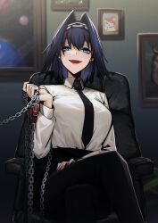 Rule 34 | 1girl, absurdres, adarin, animal collar, black necktie, black pants, blue eyes, blue hair, chain, chain hairband, chair, chibi, chibi inset, collar, dark blue hair, earrings, fangs, feet out of frame, hakos baelz (rat), highres, hololive, hololive english, jewelry, necktie, on chair, ouro kronii, pants, picture frame, pink lips, planet, shirt, virtual youtuber, white shirt