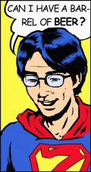 Rule 34 | 1boy, cape, clothes writing, cosplay, crossover, dc comics, dokuromaru, english text, glasses, male focus, parody, sarekoubemaru, solo, superman, superman (cosplay), superman (series), touhou, zun