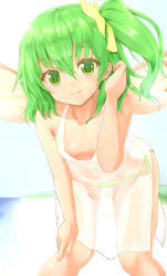 Rule 34 | 1girl, alternate costume, beach, bent over, bikini, bikini bottom only, blue sky, bow, breasts, chiroshiron, daiyousei, downblouse, dress, fairy wings, gradient background, green bikini, green eyes, green hair, hair bow, tucking hair, hand in own hair, highres, looking at viewer, matching hair/eyes, no bra, see-through, side ponytail, sky, small breasts, smile, solo, swimsuit, touhou, water, white dress, wings