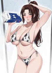 Rule 34 | 1girl, animal print, arm up, bikini, breasts, closed mouth, cow print, cow print bikini, cowboy shot, cream on breasts, curvy, grey eyes, high ponytail, highres, holding, holding carton, holding own hair, large breasts, lips, mature female, milk, milk carton, mole, mole on breast, navel, original, pouring, pouring onto self, print bikini, side-tie bikini bottom, sidelocks, solo, stomach, suggestive fluid, swimsuit, thighs, xter