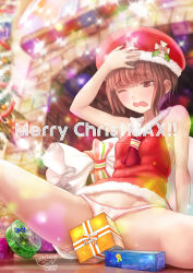 Rule 34 | 10s, 1girl, 2016, arm support, bare shoulders, box, breasts, brick wall, brown eyes, brown hair, chimney, christmas tree, dated, e snow jp, gift, gift box, indoors, kantai collection, light particles, looking down, merry christmas, one eye closed, open mouth, panties, shirt, short hair, sideboob, signature, sitting, sleeveless, sleeveless shirt, small breasts, solo, spread legs, thighs, underwear, wavy mouth, white panties, z3 max schultz (kancolle)