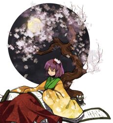 Rule 34 | 1girl, cat, cherry blossoms, closed eyes, closed mouth, commentary request, floral print, full moon, green kimono, hieda no akyuu, highres, japanese clothes, kaigen 1025, kimono, long sleeves, moon, purple hair, red skirt, scroll, shirt, short hair, sitting, skirt, sleeves past fingers, sleeves past wrists, smile, solo, touhou, tree, yellow shirt