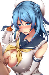 Rule 34 | 1boy, 1girl, arm under breasts, bad id, bad pixiv id, bare shoulders, beret, blue eyes, blue hair, blush, bottle, breast hold, breasts, button gap, censored, collarbone, covered erect nipples, double bun, elbow gloves, gloves, hair between eyes, hair bun, hat, heart, heart in eye, hetero, highres, holding, holding bottle, kantai collection, large breasts, long hair, lotion, lotion bottle, lower teeth only, mosaic censoring, motion lines, neckerchief, nose blush, open mouth, out of frame, paizuri, partially unbuttoned, penis, sailor hat, school uniform, serafuku, simple background, sleeves rolled up, smile, symbol in eye, teeth, terakoya, upper body, urakaze (kancolle), white background, white gloves, white hat, yellow neckerchief