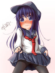 Rule 34 | 1girl, absurdres, akatsuki (kancolle), anchor symbol, black pantyhose, black sailor collar, black skirt, blue eyes, blue hair, commentary request, cowboy shot, flat cap, hair between eyes, hat, highres, kantai collection, long hair, messy hair, neckerchief, niboshidashi, one-hour drawing challenge, panties, panties under pantyhose, pantyhose, pleated skirt, red neckerchief, sailor collar, school uniform, serafuku, signature, simple background, skirt, solo, standing, tights day, underwear, white background