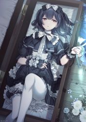 Rule 34 | 1girl, black bow, black dress, black wrist cuffs, blue dress, blue hair, bow, commentary, dark blue hair, dress, expressionless, feet out of frame, floor, flower, frilled dress, frills, gothic lolita, hair between eyes, hair bow, hand up, highres, holding, holding ribbon, idolmaster, idolmaster shiny colors, indoors, lolita fashion, looking to the side, lying, morino rinze, on back, pantyhose, parted lips, red eyes, ribbon, short hair, short sleeves, solo, suitcase, tagme, takeko spla, wavy hair, white bow, white flower, white pantyhose, wrist cuffs