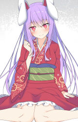 Rule 34 | 1girl, animal ears, blush, breasts, closed mouth, e.o., hand up, head tilt, highres, japanese clothes, kimono, long hair, long sleeves, looking at viewer, purple hair, rabbit ears, rabbit girl, red eyes, reisen udongein inaba, simple background, sitting, small breasts, smile, solo, touhou, very long hair, wariza, white background