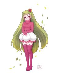 Rule 34 | 1girl, artist logo, artist name, blush, boots, breasts, bubble skirt, color guide, covered mouth, creatures (company), crossed arms, crown, eyelashes, eyeliner, full body, game freak, gen 7 pokemon, green hair, leaf, legs together, long hair, long sleeves, looking at viewer, makeup, mini crown, nintendo, nose blush, parted bangs, personification, pink eyes, pink skirt, pokemon, ribbed sweater, shari cote, skirt, small breasts, solo, standing, sweater, thigh boots, thighhighs, tsareena, turtleneck, turtleneck sweater, very long hair, white background, white skirt, zettai ryouiki