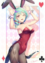Rule 34 | 1girl, akizora mona, animal ears, bare shoulders, blush, breasts, card, cleavage, drill hair, fake animal ears, highres, leotard, long hair, looking at viewer, novady, one eye closed, open mouth, original, pantyhose, playboy bunny, playing card, rabbit ears, rabbit tail, red eyes, shiny clothes, shiny skin, smile, solo, tail, wink, wrist cuffs