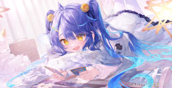 Rule 34 | 1girl, :d, ahoge, amamiya kokoro, bell, blue hair, card, colored inner hair, dress, feet up, frilled dress, frills, hair bell, hair between eyes, hair ornament, highres, holding, holding card, indoors, jingle bell, long hair, long sleeves, lying, multicolored hair, nijisanji, official art, on bed, on stomach, open mouth, pantyhose, rin31153336, smile, solo, twintails, virtual youtuber, white dress, white pantyhose, x hair ornament, yellow eyes