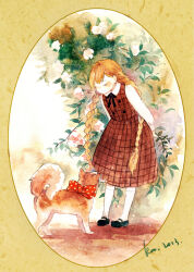 Rule 34 | 1girl, 2013, animal, arms behind back, black footwear, bow, braid, closed eyes, closed mouth, dog, dress, flower, french braid, full body, kaka123, kneehighs, leaning forward, long hair, long sleeves, mary janes, neck ribbon, orange hair, original, oval, pinafore dress, plaid, plaid dress, polka dot, polka dot bow, red bow, ribbon, round image, shirt, shoes, signature, sleeveless, sleeveless dress, smile, socks, solo, standing, twin braids, twintails, very long hair, white shirt, white socks