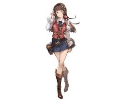 Rule 34 | 10s, 1girl, bag, boots, brown eyes, brown hair, clipboard, detached sleeves, full body, granblue fantasy, hairband, juliet sleeves, knee boots, crossed legs, long hair, long sleeves, looking at viewer, matching hair/eyes, minaba hideo, miniskirt, official art, puffy sleeves, shoes, skirt, smile, solo, standing, transparent background, vest, watson cross, white background