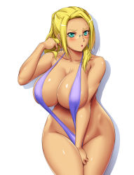 Rule 34 | 10s, 1girl, :o, amagi brilliant park, ameoto, aqua eyes, ashe (amaburi), blonde hair, blush, breasts, cleavage, curvy, groin, huge breasts, long hair, looking at viewer, parted lips, ponytail, shiny skin, simple background, slingshot swimsuit, solo, swimsuit, tan, wide hips