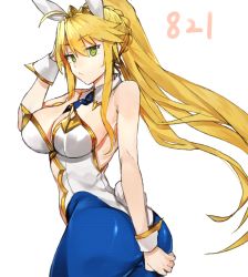 Rule 34 | 1girl, ahoge, animal ears, arm up, artoria pendragon (all), artoria pendragon (fate), artoria pendragon (swimsuit ruler) (fate), ass, bad id, bad pixiv id, bare arms, bare shoulders, blonde hair, blue necktie, blue pantyhose, braid, breasts, commentary request, cowboy shot, dated, detached collar, fake animal ears, fake tail, fate/grand order, fate (series), green eyes, hair between eyes, large breasts, leotard, long hair, looking at viewer, necktie, pantyhose, playboy bunny, ponytail, rabbit ears, rabbit tail, simple background, solo, standing, suminagashi, tail, tiara, twisted torso, very long hair, white background, wrist cuffs