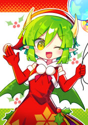 Rule 34 | 1girl, absurdres, balloon, brown eyes, draco centauros, dragon girl, dragon horns, dragon tail, dragon wings, dress, elbow gloves, fang, gloves, green hair, hat, highres, holding, holding balloon, horns, looking at viewer, offbeat, one eye closed, open mouth, pointy ears, puyopuyo, red dress, red gloves, red hat, santa costume, santa hat, short hair, solo, tail, wings