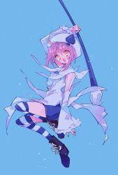 Rule 34 | 1girl, amulet spade, blue background, blue hat, commentary request, detached sleeves, frills, giant brush, hair ornament, hat, highres, hinamori amu, holding, holding brush, magical girl, open mouth, pink hair, pochi (askas is god), shirt, shorts, shugo chara!, smile, solo, spade (shape), spade hair ornament, striped clothes, striped thighhighs, thighhighs, yellow eyes