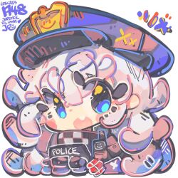 Rule 34 | 1girl, :d, blue eyes, chibi, dated, goddess of victory: nikke, hat, jrpencil, long hair, open mouth, poli (nikke), police, police hat, police uniform, policewoman, sidelocks, signature, smile, solo, uniform, very long hair, wavy hair, white hair
