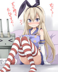 Rule 34 | &gt; &lt;, 10s, 1girl, blonde hair, blush, closed eyes, convenient leg, elbow gloves, gloves, hairband, highres, kantai collection, long hair, looking at viewer, personification, rensouhou-chan, shimakaze (kancolle), striped clothes, striped thighhighs, tears, thighhighs, translation request, ukami