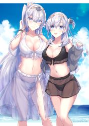 Rule 34 | 2girls, adapted costume, alternate color, beach, bikini, bikini skirt, black bikini, blue sky, breasts, cleavage, clothes writing, cloud, day, feet out of frame, fuyutsuki (kancolle), grey eyes, grey hair, grey jacket, headband, height difference, highres, horizon, jacket, kabocha torute, kantai collection, large breasts, long hair, multiple girls, ocean, official alternate costume, one side up, outdoors, sarong, sky, standing, suzutsuki (kancolle), swimsuit, white bikini, white hair, white headband