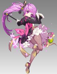 Rule 34 | 1girl, aisha landar, black footwear, bow, brown pantyhose, bug, butterfly, elsword, frilled skirt, frills, full body, gloves, gradient background, grey background, insect, long hair, looking back, pantyhose, pika (kai9464), pink bow, ponytail, purple eyes, purple hair, shoes, skirt, smile, solo, staff, white gloves, white skirt