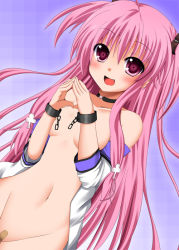 Rule 34 | 10s, 1girl, angel beats!, bandaid, bandaid on pussy, blush, breasts, covering privates, covering breasts, cuffs, long hair, navel, nude, nude cover, pink eyes, pink hair, shirasu youichi, solo, twintails, two side up, yui (angel beats!)