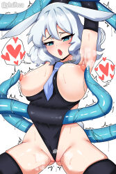 Rule 34 | 1girl, absurdres, acefish, animal ears, armpits, blue eyes, blush, breasts, cleft of venus, consensual tentacles, frontal wedgie, heart, heart-shaped pupils, highres, large breasts, leotard, mary (acefish), nipples, open mouth, original, rabbit ears, rabbit girl, short hair, symbol-shaped pupils, tentacles, wedgie, white hair
