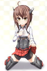 Rule 34 | 10s, 1girl, bike shorts, blush, brown eyes, brown hair, clothes lift, evandragon, flat chest, hand on own chest, headband, headgear, highres, kantai collection, kneeling, looking at viewer, open mouth, panties, personification, pleated skirt, short hair, skirt, skirt lift, solo, taihou (kancolle), thighhighs, underwear, upskirt