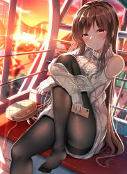 Rule 34 | 1girl, bag, bare shoulders, black pantyhose, blush, breasts, brown hair, cellphone, clothing cutout, commentary request, evening, ferris wheel, handbag, hiragi ringo, holding, holding phone, jewelry, knee up, lens flare, long hair, long sleeves, looking at viewer, necklace, no shoes, original, outdoors, panties, panties under pantyhose, pantyhose, parted lips, phone, red eyes, red panties, shoulder cutout, sitting, smartphone, smile, solo, straight hair, sunlight, sweater, turtleneck, turtleneck sweater, underwear, upskirt, very long hair