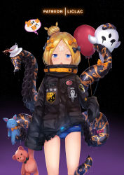 Rule 34 | 1girl, :o, abigail williams (fate), abigail williams (traveling outfit) (fate), artist name, balloon, black background, black bow, black jacket, blonde hair, blue eyes, blue one-piece swimsuit, blush, bow, censored, censored text, clothes lift, commentary request, crossed bandaids, cup, fate/grand order, fate (series), gradient background, hair bow, hair bun, holding, holding balloon, jacket, jacket lift, liclac, long hair, long sleeves, looking at viewer, official alternate costume, one-piece swimsuit, open mouth, orange bow, parted bangs, polka dot, polka dot bow, purple background, saucer, school swimsuit, single hair bun, sleeves past fingers, sleeves past wrists, solo, standing, star (symbol), stuffed animal, stuffed toy, suction cups, swimsuit, swimsuit under clothes, tea, teacup, teddy bear, tentacles, v-shaped eyebrows