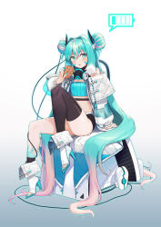 Rule 34 | absurdres, android, bare shoulders, battery indicator, blue eyes, blue hair, double bun, full body, gas mask, hair between eyes, hair bun, high heels, highres, long hair, looking at viewer, mask, mask around neck, midriff, multicolored hair, nail polish, noixen, open mouth, original, pink hair, simple background, single thighhigh, sitting, solo, streaked hair, teeth, thighhighs, toeless footwear, toenail polish, toenails, tongue, white background, white hair