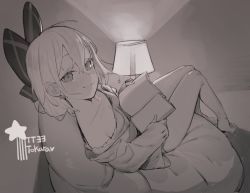 Rule 34 | 1girl, bad id, bad twitter id, bare shoulders, barefoot, bean bag chair, beijuu, black bow, blush, book, bow, breasts, character name, closed mouth, collarbone, commentary, full body, girls&#039; frontline, hair between eyes, hair bow, holding, holding book, lamp, legs, lips, long hair, long sleeves, looking at viewer, monochrome, reading, sitting, small breasts, smile, solo, tokarev (girls&#039; frontline)