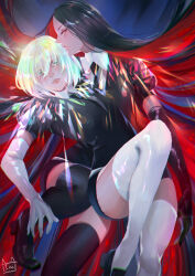 Rule 34 | 2others, absurdly long hair, absurdres, androgynous, black gloves, black hair, black necktie, black shirt, black thighhighs, bob cut, bort, collared shirt, crystal hair, diamond (houseki no kuni), dress shirt, elbow gloves, gem, gem uniform (houseki no kuni), gloves, glowing, glowing hair, highres, houseki no kuni, ichisan, knee up, loafers, long hair, looking at viewer, multiple others, necktie, puffy short sleeves, puffy sleeves, serious, shirt, shoes, short hair, short jumpsuit, short shorts, short sleeves, shorts, straight hair, thighhighs, very long hair, white gloves, white shirt, white thighhighs