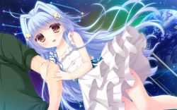 Rule 34 | 1boy, 1girl, :d, blue hair, blush, brown eyes, chuunibyou na kanojo no love equation, collarbone, constellation, dress, earth (planet), game cg, hair ornament, hair ribbon, holding another&#039;s arm, hoshino spica, long hair, open m/, open mouth, out of frame, planet, railing, ribbon, sky, smile, solo focus, star (sky), star (symbol), star hair ornament, starry sky, striped ribbon, sundress, tress ribbon, very long hair, virgo (constellation), yukie (peach candy)