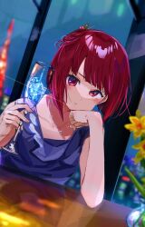 Rule 34 | 1girl, arima kana, blue dress, blurry, blush, champagne flute, clenched hand, collarbone, commentary request, cup, depth of field, dress, drink, drinking glass, elbow on table, flower, formal, funi mu9, hair ornament, hairpin, hand on own cheek, hand on own face, highres, holding, holding cup, jewelry, necklace, night, oshi no ko, red eyes, red hair, short hair, solo, vase, window