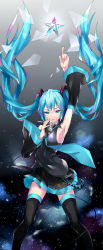 Rule 34 | 1girl, absurdres, arm up, armpits, black shirt, black skirt, black thighhighs, blue eyes, blue hair, detached sleeves, floating hair, hair ornament, hatsune miku, highres, holding, holding microphone, index finger raised, long hair, looking at viewer, microphone, muta (csw), pleated skirt, shirt, skirt, sleeveless, sleeveless shirt, solo, standing, star (symbol), thighhighs, twintails, very long hair, vocaloid, zettai ryouiki