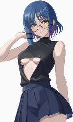 Rule 34 | 1girl, absurdres, alternate costume, asymmetrical bangs, asymmetrical hair, asymmetrical sidelocks, bare arms, bare shoulders, black shirt, blue hair, blue skirt, bocchi the rock!, breasts, center opening, closed mouth, commentary request, hair ornament, hairclip, hand up, highres, looking at viewer, makise (mix020511), miniskirt, mole, mole under eye, no bra, pleated skirt, round eyewear, shirt, short hair, simple background, skirt, sleeveless, sleeveless turtleneck, smile, solo, turtleneck, underboob, upper body, white background, yamada ryo, yellow eyes