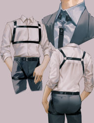 Rule 34 | 1boy, belt, belt buckle, black jacket, black pants, buckle, chest harness, collared shirt, commentary request, cowboy shot, formal, harness, highres, ishida (segu ishida), jacket, male focus, multiple views, original, pants, shirt, shirt tucked in, sleeves rolled up, suit, thigh strap, white shirt