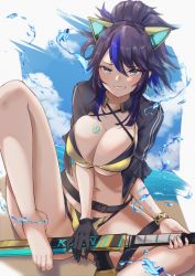 Rule 34 | 1girl, ahoge, animal ears, belt, bikini, black footwear, black gloves, black hair, blue eyes, blue hair, blue sky, breast tattoo, breasts, cloud, commentary, crossed legs, day, english commentary, fake animal ears, full body, gloves, glowing, high heels, highres, kson, large breasts, long hair, looking at viewer, mole, mole under eye, multicolored hair, navel, outdoors, over shoulder, ponytail, single glove, sitting, sky, solo, souchou, streaked hair, swimsuit, sword, tattoo, tinnies, two-tone bikini, virtual youtuber, vshojo, water, weapon, weapon over shoulder, wristband