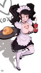 Rule 34 | absurdres, aidan core, alternate costume, apron, black hair, breasts, cleavage, food, food on body, food on breasts, heart, highres, kawakami sadayo, large breasts, looking at viewer, maid, maid headdress, omelet, omurice, persona, persona 5, plate, solo, thighhighs, tray, twintails, white thighhighs