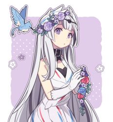 Rule 34 | 1girl, :o, animal, bare shoulders, bird, black choker, black hair, blush, breasts, choker, feather hair ornament, feathers, fire emblem, fire emblem engage, flower, grey hair, haconeri, hair flower, hair ornament, long hair, looking at viewer, multicolored hair, nintendo, open mouth, petite, purple eyes, small breasts, solo, two-tone hair, very long hair, veyle (fire emblem), wavy hair