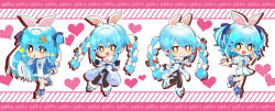 Rule 34 | 1girl, :d, :o, akaishi yashi, animal ears, belt, blue hair, blush, boots, braid, bridal garter, carrot hair ornament, chibi, collared dress, denim, denim jacket, dress, food-themed hair ornament, fur-trimmed boots, fur-trimmed gloves, fur-trimmed jacket, fur scarf, fur trim, gloves, grin, hair ornament, hair ribbon, hand on own cheek, hand on own face, heart, highres, hololive, index finger raised, jacket, leotard, long hair, multicolored hair, multiple views, neckerchief, open mouth, orange eyes, outstretched arm, pantyhose, pom pom (clothes), rabbit ears, ribbon, shoes, short hair, short sleeves, smile, sneakers, socks, standing, standing on one leg, streaked hair, thick eyebrows, twin braids, two-tone hair, two side up, usada pekora, usada pekora (1st costume), usada pekora (casual), very long hair, virtual youtuber, white hair
