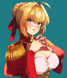 Rule 34 | 1girl, ahoge, blonde hair, braid, braided bun, breasts, cleavage, cleavage cutout, clothing cutout, dress, epaulettes, eyes visible through hair, fate/extra, fate/extra ccc, fate/grand order, fate (series), fingers together, green background, green eyes, hair bun, hair intakes, hair ribbon, juliet sleeves, large breasts, long sleeves, looking at viewer, meeko, nail polish, nero claudius (fate), nero claudius (fate) (all), nero claudius (fate/extra), own hands together, pink lips, pink nails, portrait, puffy sleeves, red dress, red ribbon, ribbon, sidelocks, simple background, single hair bun, smile, solo