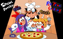 Rule 34 | ..., 1boy, 2girls, :p, absurdres, ashtray, black hair, blue hair, bow, chef hat, cigarette butt, crossover, drooling, eye twitch, facial hair, food, hair bow, hair ornament, hair scrunchie, hat, highres, multiple girls, mustache, parody, peppino spaghetti, pipimi, pizza, pizza cutter, pizza tower, poptepipic, popuko, pte stanaccount, school uniform, scrunchie, serafuku, sharp teeth, style parody, teeth, tongue, tongue out, two side up, yellow scrunchie