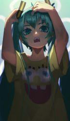 Rule 34 | 1girl, backlighting, cameo, commentary, english commentary, flat chest, green eyes, hair ornament, hatsune miku, highres, long hair, looking at viewer, open mouth, print shirt, shirt, solo, spongebob squarepants, spongebob squarepants (series), t-shirt, topdylan, twintails, very long hair, vocaloid, yellow shirt
