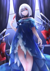 Rule 34 | 1girl, absurdres, admiral graf spee (a novel anniversary) (azur lane), admiral graf spee (azur lane), artillery, azur lane, blue dress, blue eyes, cup, dress, drinking glass, earrings, evening gown, gradient dress, highres, huge filesize, indoors, jewelry, layered dress, looking at viewer, multicolored hair, off-shoulder dress, off shoulder, official alternate costume, osatou (soul of sugar), red hair, short hair, solo, streaked hair, two-tone hair, white hair, wine glass