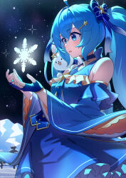 Rule 34 | 1girl, ahoge, bare shoulders, blue dress, blue eyes, blue hair, bow, breasts, commentary request, cowboy shot, detached sleeves, dress, hair bow, hair ornament, hairclip, hatsune miku, highres, layered dress, layered sleeves, long sleeves, looking at object, mimihachi, sky, sleeveless, sleeveless dress, small breasts, snowflakes, solo, star (sky), star (symbol), star hair ornament, starry sky, twintails, vocaloid, yuki miku